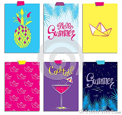 A set of stylish summer cards. Pineapple, cocktail, paper boat and palm branches in vector. Summer inscriptions. Lettering. Vector Illustration