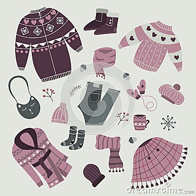 Set of stylish winter clothes. Vector Illustration