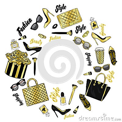 Set of stylish women`s accessories. Vector illustration for a card or poster. Print on clothes. Fashion Vector Illustration