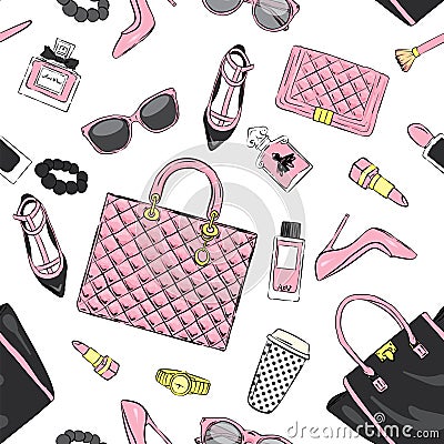 Set of stylish women`s accessories. Vector illustration for a card or poster. Print on clothes. Vector Illustration