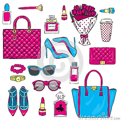 Set of stylish women`s accessories. Vector illustration for a card or poster. Print on clothes. Fashion & Style. Vector Illustration