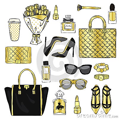 Set of stylish women`s accessories. Vector illustration for a card or poster. Print on clothes. Fashion & Style. Vector Illustration