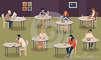 Set of stylish young boy girl businessman, figures sitting fast food table. Vector Illustration