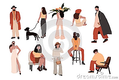 Set of stylish young women men in trendy clothes outfits doing everyday things Vector Illustration