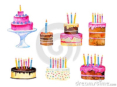 Set of stylized birthday cakes with candles Cartoon Illustration