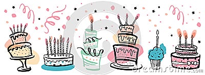 Set of stylized birthday cakes with color spots and decorations decorations. Hand drawn cartoon vector sketch illustration Vector Illustration