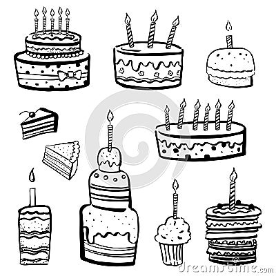 Set of stylized birthday cakes and tarts. Hand drawn cartoon vector black and white sketch illustration Vector Illustration