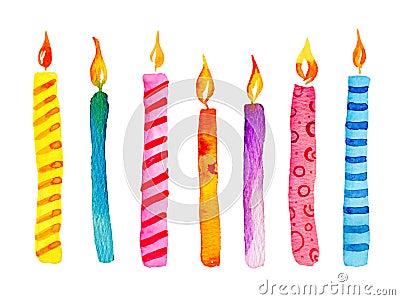 Set of stylized birthday candles. Hand drawn cartoon watercolor sketch illustration Cartoon Illustration