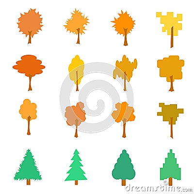 Set of stylized flat autumn tree icons, vector illustration, iso Vector Illustration