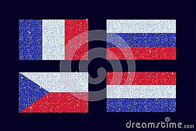 A set of stylized glitter sparkling shiny blue red and white country flags. The set includes France, Russian Federation Vector Illustration