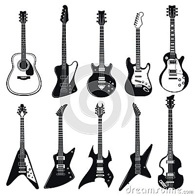 Set of stylized guitars. Collection of electric guitars. Black and white illustration of musical instruments. Linear art Vector Illustration