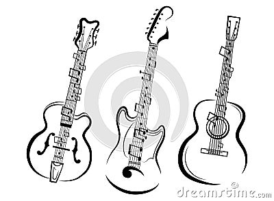 Set of stylized guitars. Collection of electric guitars with notes. Black and white illustration of musical instruments Vector Illustration