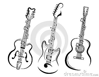 Set of stylized guitars. Collection of electric guitars with notes. Black and white illustration of musical instruments Vector Illustration