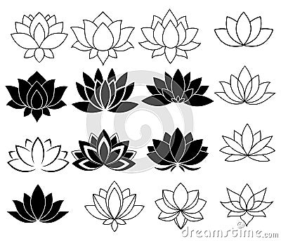 Set of stylized lotuses. Collection of lotus flowers for a logo. Black white vector illustration. Tattoo. Vector Illustration