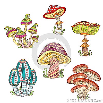 Set of stylized ornamental colorful mushrooms Vector Illustration