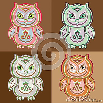 Set of stylized vector colorful owls Vector Illustration