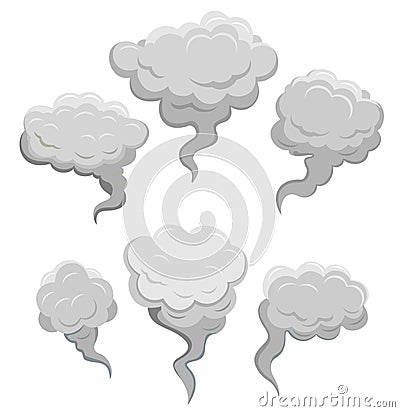Set of stylized white clouds. Comic smoke streams, dust, smog and smoke steaming cloud silhouettes set. Wind silhouette Vector Illustration