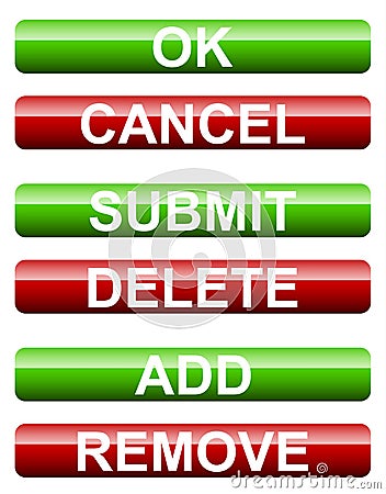 Set of submission buttons. Ok, cancel, submit, delete, add, remo Vector Illustration