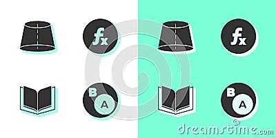 Set Subsets, math, a is subset of b, Geometric figure, Open book and Function mathematical symbol icon. Vector Vector Illustration