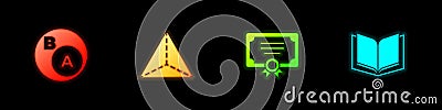 Set Subsets, math, a is subset of b, Geometric figure Tetrahedron, Certificate template and Open book icon. Vector Vector Illustration