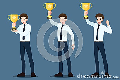 Set of a successful young smily businessman raise up & holding a gold trophy cup. Winner or leader male character with business su Vector Illustration