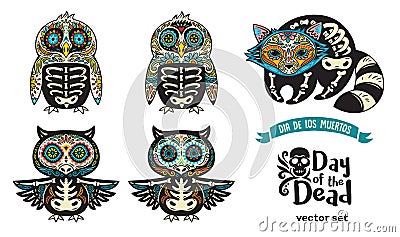 Set with sugar skull penguins, owls and raccoon Vector Illustration