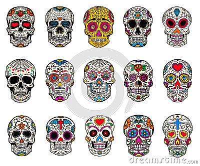 Set of sugar skulls illustrations. Dead day. Dia de los muertos. Vector Illustration