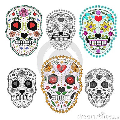 Set of sugar skulls illustrations. Design elements for poster, postcard, banner, print. Vector illustration Cartoon Illustration