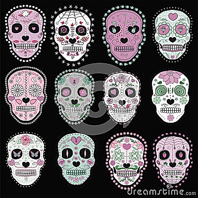 Set of sugar skulls illustrations. Design elements for poster, postcard, flyer, banner. Vector illustration Cartoon Illustration