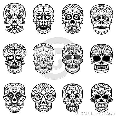 Set of Sugar skulls isolated on white background. Day of the dead Cartoon Illustration