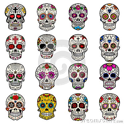 Set of Sugar skulls isolated on white background. Day of the dead Cartoon Illustration