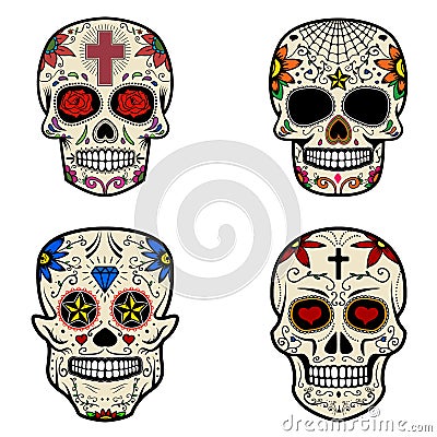 Set of Sugar skulls isolated on white background. Day of the dead Cartoon Illustration