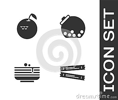 Set Sugar stick packets, Apple, Stack of pancakes and Glass jar with candies inside icon. Vector Vector Illustration