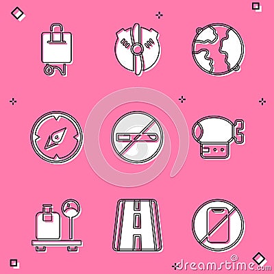 Set Suitcase, Plane propeller, Worldwide, Compass, No Smoking, Airship, Scale with suitcase and Airport runway icon Stock Photo