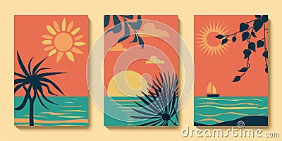 Set of summer abstract modern landscape poster, sea view background Vector Illustration