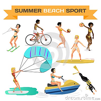 Set of summer beach sports. Women are engaged in volleyball, div Vector Illustration