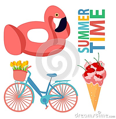 Set summer bicycle ice cream flat design summertime flat design flamingo cherry colorful print tulips food pink pool Stock Photo