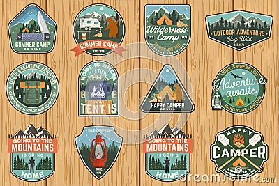 Set of Summer camp badges. Vector. Concept for shirt or logo, print, stamp, patch. Vintage typography design with rv Vector Illustration