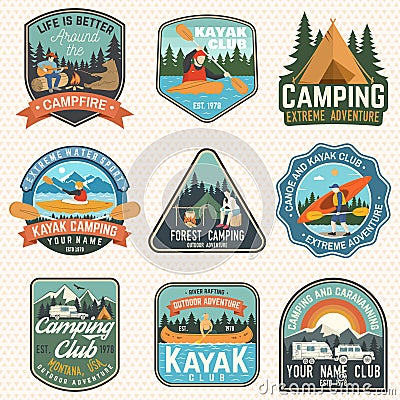 Set of summer camp, canoe and kayak club badges. Vector. Concept for patch. Retro design with camping, mountain, river Vector Illustration