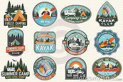 Set of summer camp, canoe and kayak club badges. Vector. For patch. Design with camping, mountain, river, american Vector Illustration