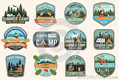 Set of summer camp, canoe and kayak club badges. Vector. For patch. Design with camping, mountain, river, american Vector Illustration