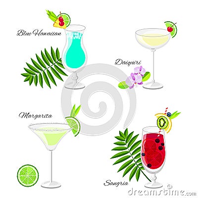 Set of summer cocktails cartoon style Vector Illustration