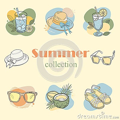 Set of 8 summer colorful illustrations in boho style, sunglasses, hat with bow Vector Illustration