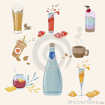 Set of summer cool and strong drinks. Set of fresh, party icons over beige background. Vector colorful drinks. Bar menu Vector Illustration