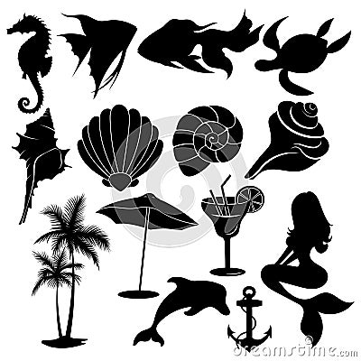 Set of summer elements. Collection of beach silhouettes. Vector illustration for kids. Tattoo. Vector Illustration