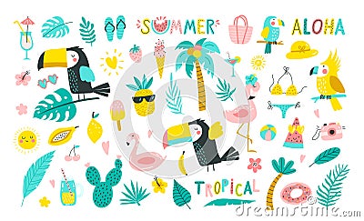 Set of summer elements: palm leaves, tropical flowers, flamingo, toucan, Tropical collection of stickers for summer design, Vector Illustration