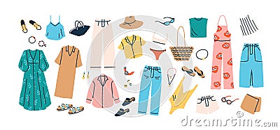 Set of summer fashion clothes vector flat illustration. Collection of trendy clothing for vacation or beach isolated on Vector Illustration