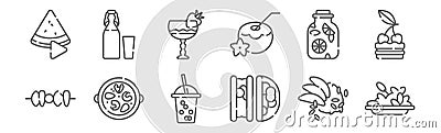 Set of 12 summer food and drink icons. outline thin line icons such as grapes, tacos, seafood paella, water, cocktail, syrup Vector Illustration