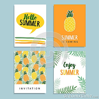 Set of summer greeting, journaling cards. Birthday invitation. Pineapple fruit, palm leaves background. Tropical flat desi Vector Illustration