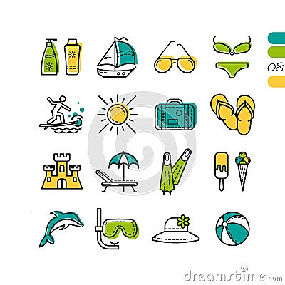 Set summer holiday linear colored icons Vector Illustration